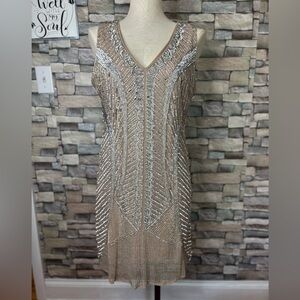 Boston Proper beautiful sleeveless V-neck cocktail dress with sequins & beads